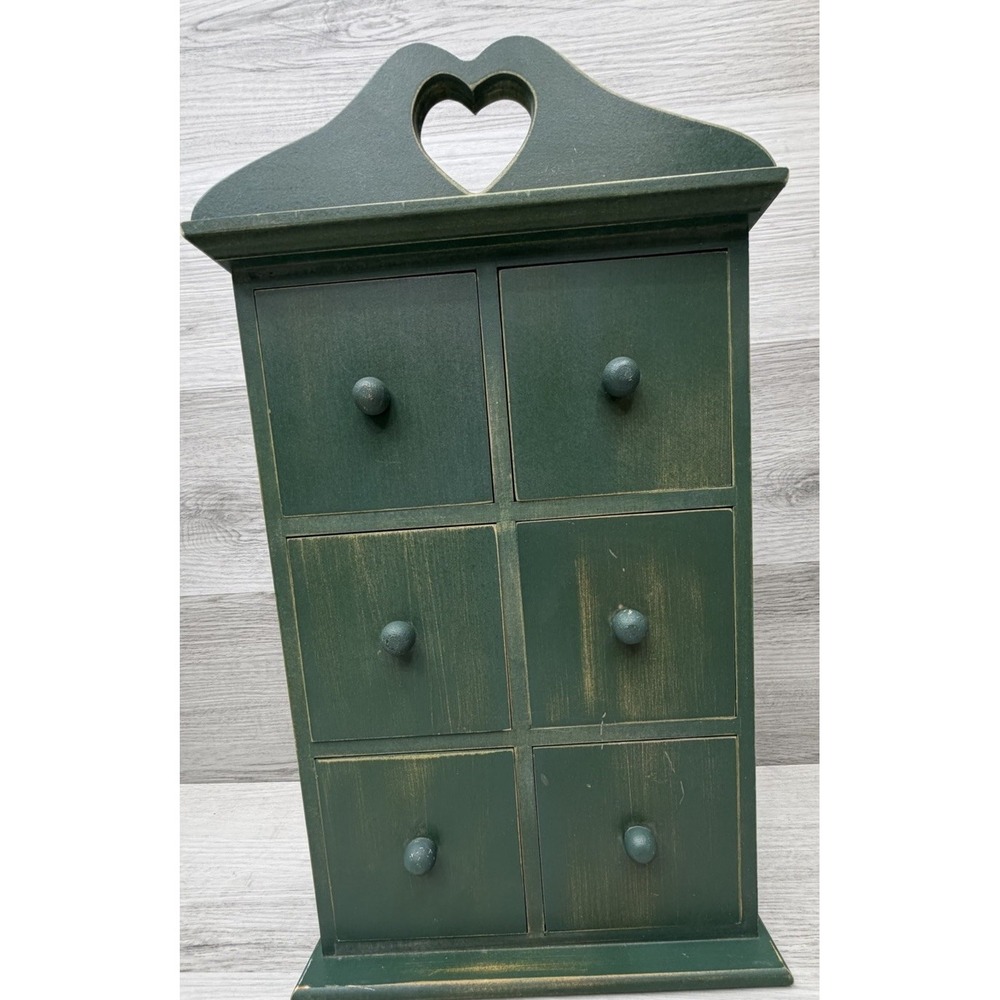 Cottagecore Distressed Green Apothecary Spice Cabinet 6 Drawer Heart Cutout